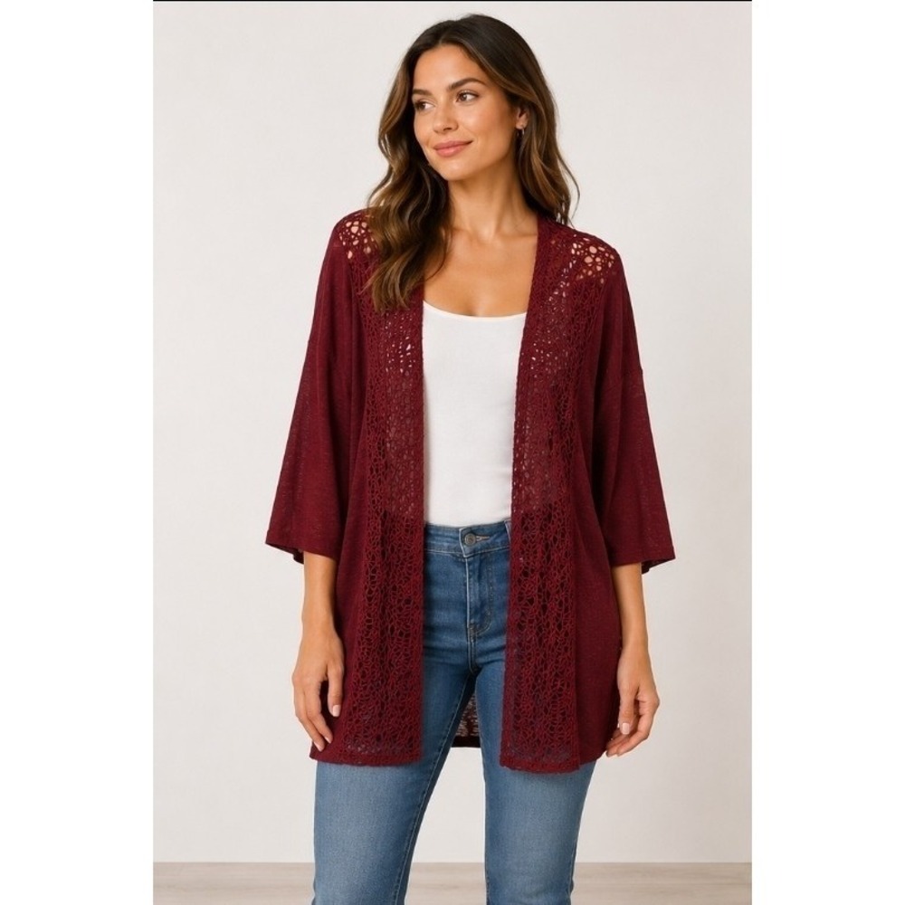 Luxe Addition Women's Maroon Open Front Lace Knit Cardigan Medium NWT L300
